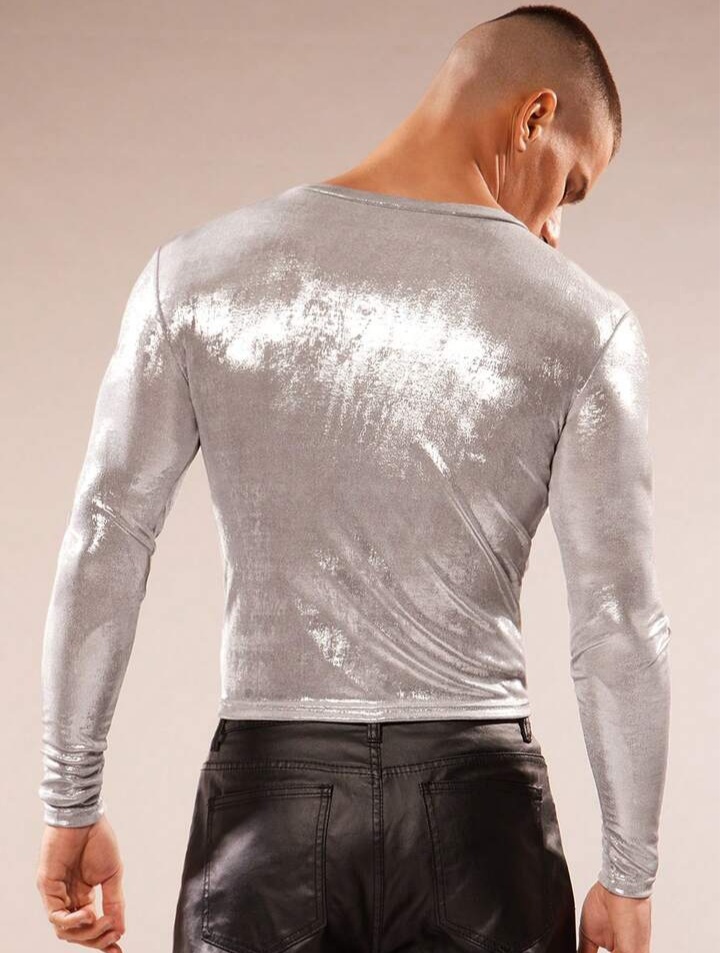Men's Shiny Silver Crew Neck Long Sleeve T-shirt